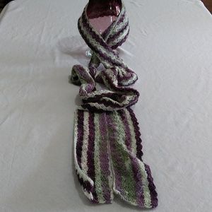 Handmade Scarf. 108". Green, Cream & Purple.